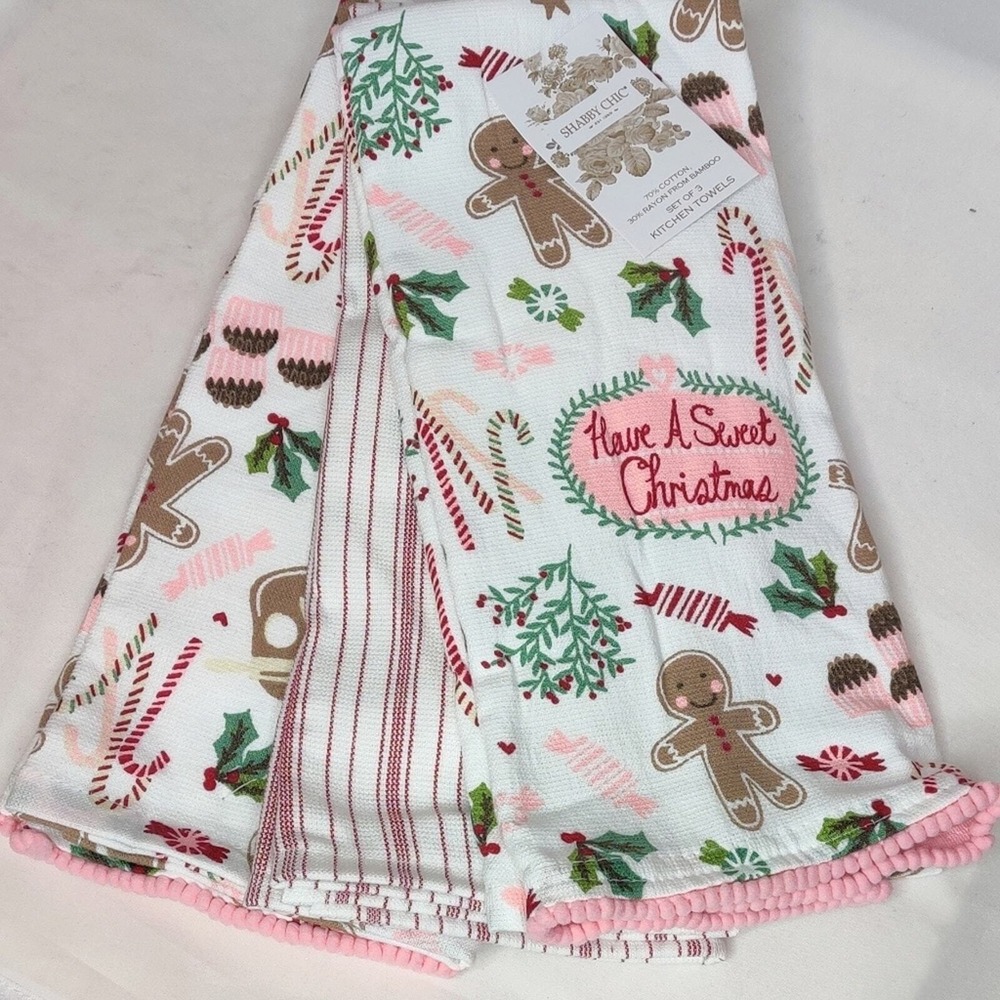 Shabby Chic Pastel Pink Gingerbread Christmas Kitchen Hand Towels 2pk New